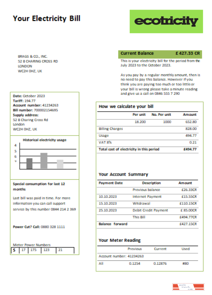Ecotricity electricity utility business bill,  SCR PSD template